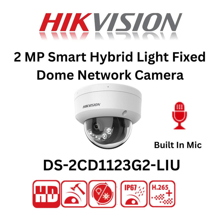 دوربین مداربسته دام تحت شبکه هایک ویژن مدل DS-2CD1123G2-LIU با رزولوشن 2 مگاپیکسل، لنز ثابت 2.8 یا 4 میلیمتر، دید در شب تا 30 متر با نور سفید، میکروفن داخلی، قابلیت بزرگنمایی دیجیتال و ماسک محدوده حریم شخصی