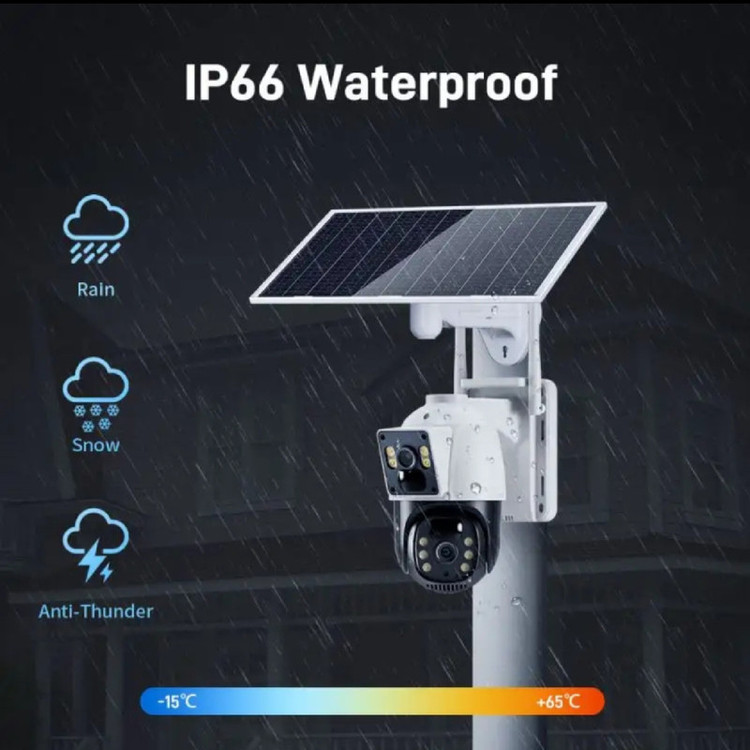 دوربین امنیتی تحت شبکه اسپیددام مدل v380 pro 4G با پنل خورشیدی، اتصال سیمکارت، لنز چرخشی 360 درجه، دید در شب رنگی و استاندارد IP66
